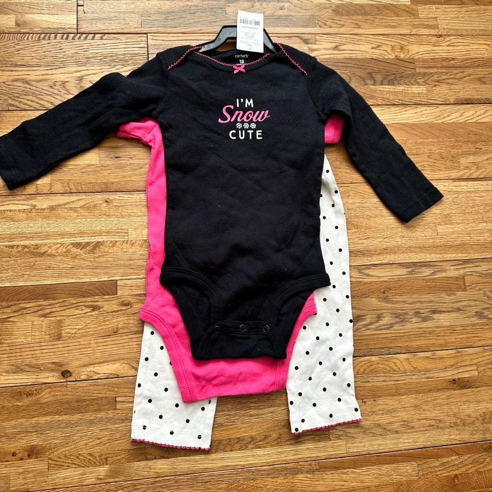 NEW Carters Baby 3 Piece Outfit Black Long Sleeve Bodysuit Pink  Penguin Set 18M